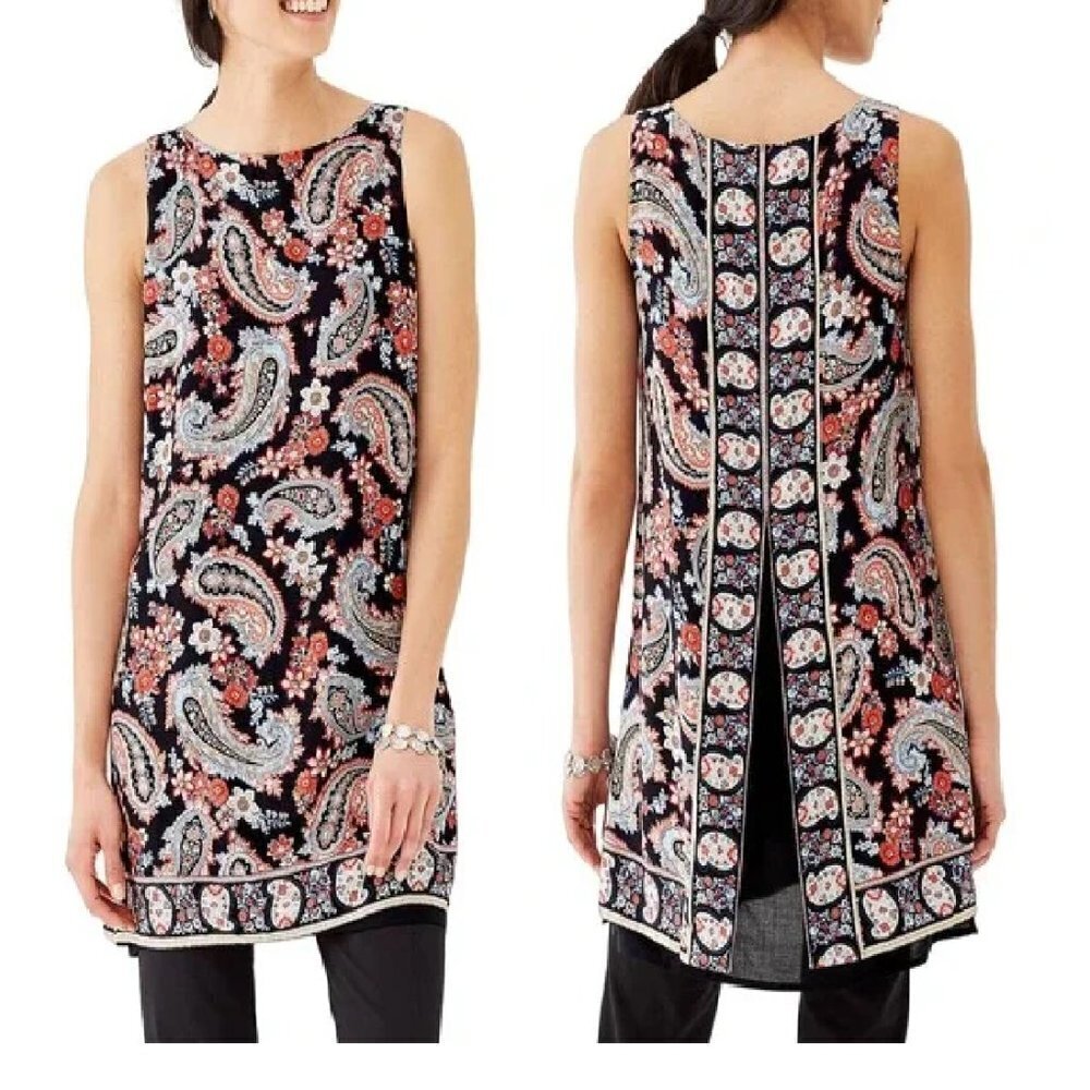 J. Jill Sleeveless Paisley Print Split Back Layered Long Tunic Top Size L